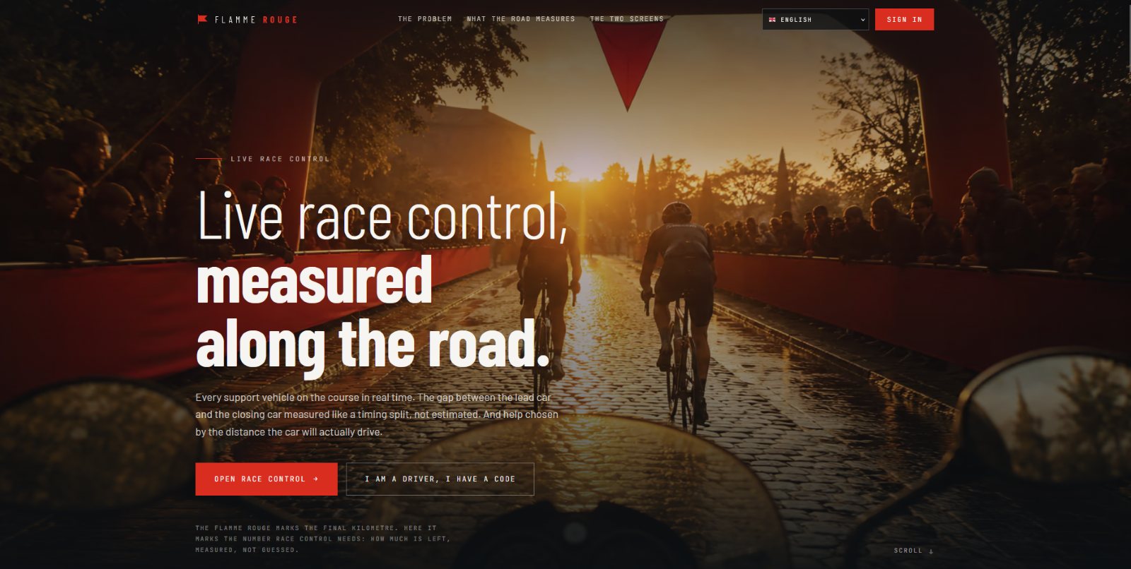 Flamme Rouge — a página pública: direção de prova ao vivo, medida pela estrada
